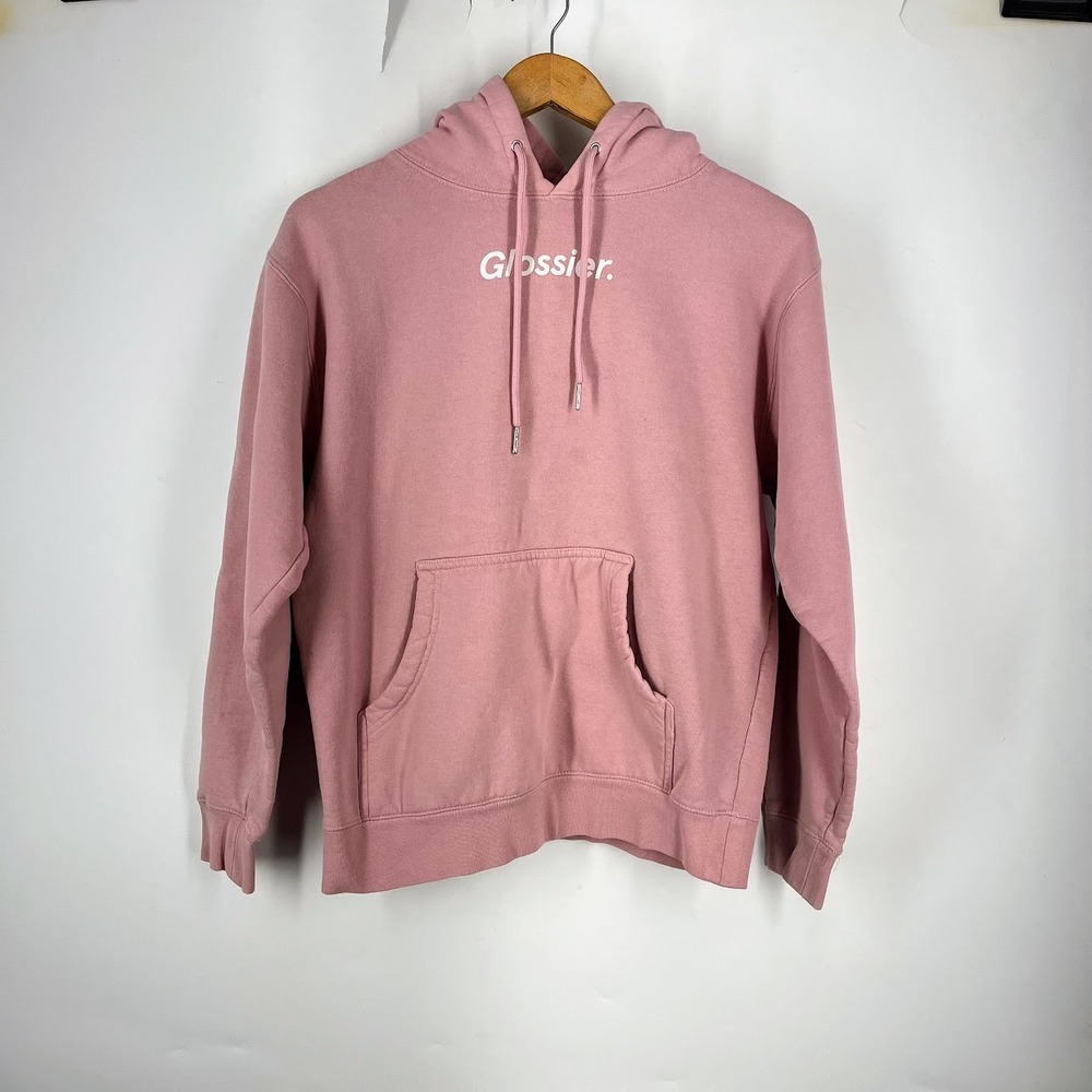 Glossier Pink Logo Pullover Hoodie Sweatshirt Small Cotton Blend RN 99052